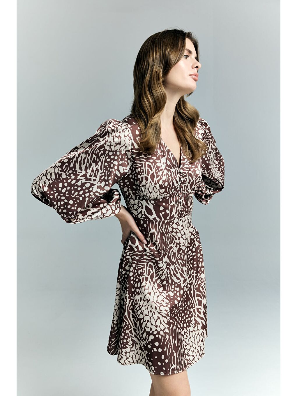 Kahverengi Desenli Mini Elbise - Kahve-1