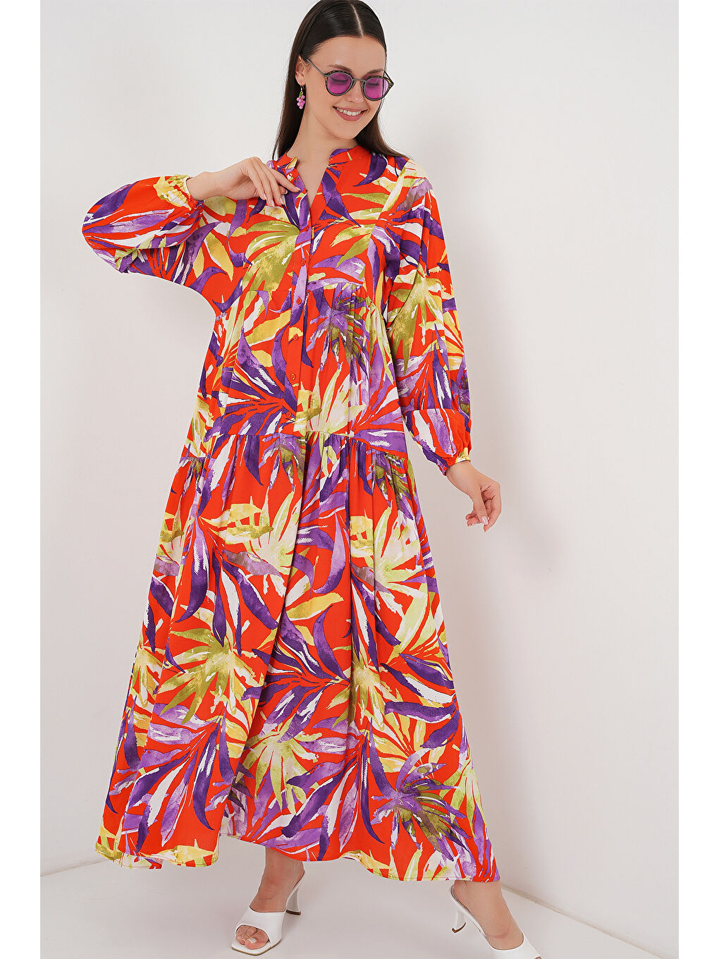 2423 Otantik Desenli Tesettür Elbise - B.Lila-3