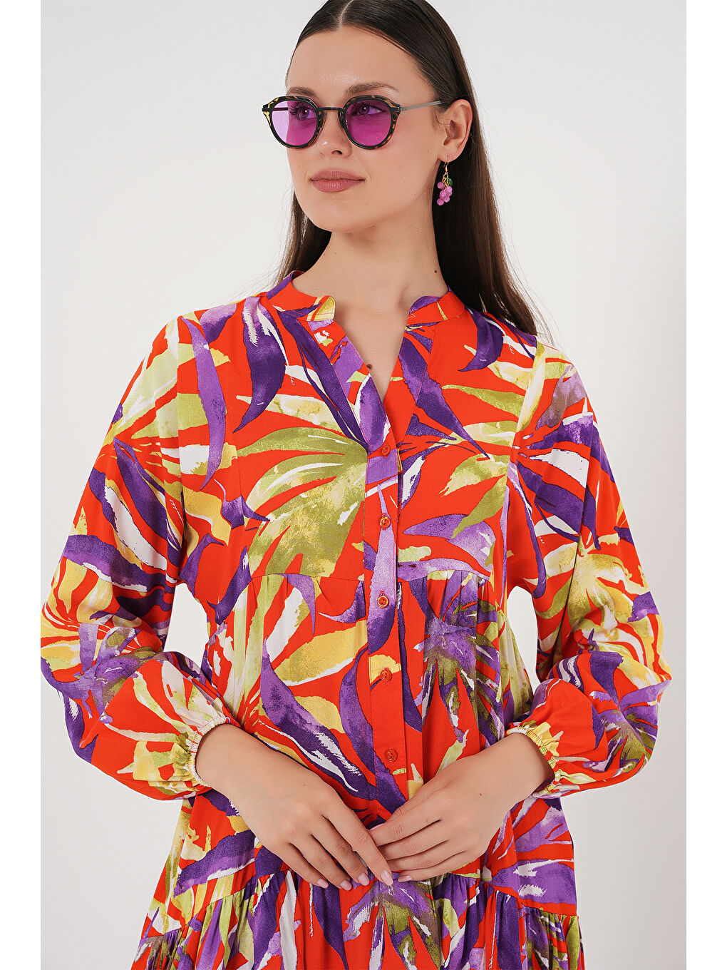 2423 Otantik Desenli Tesettür Elbise - B.Lila-4