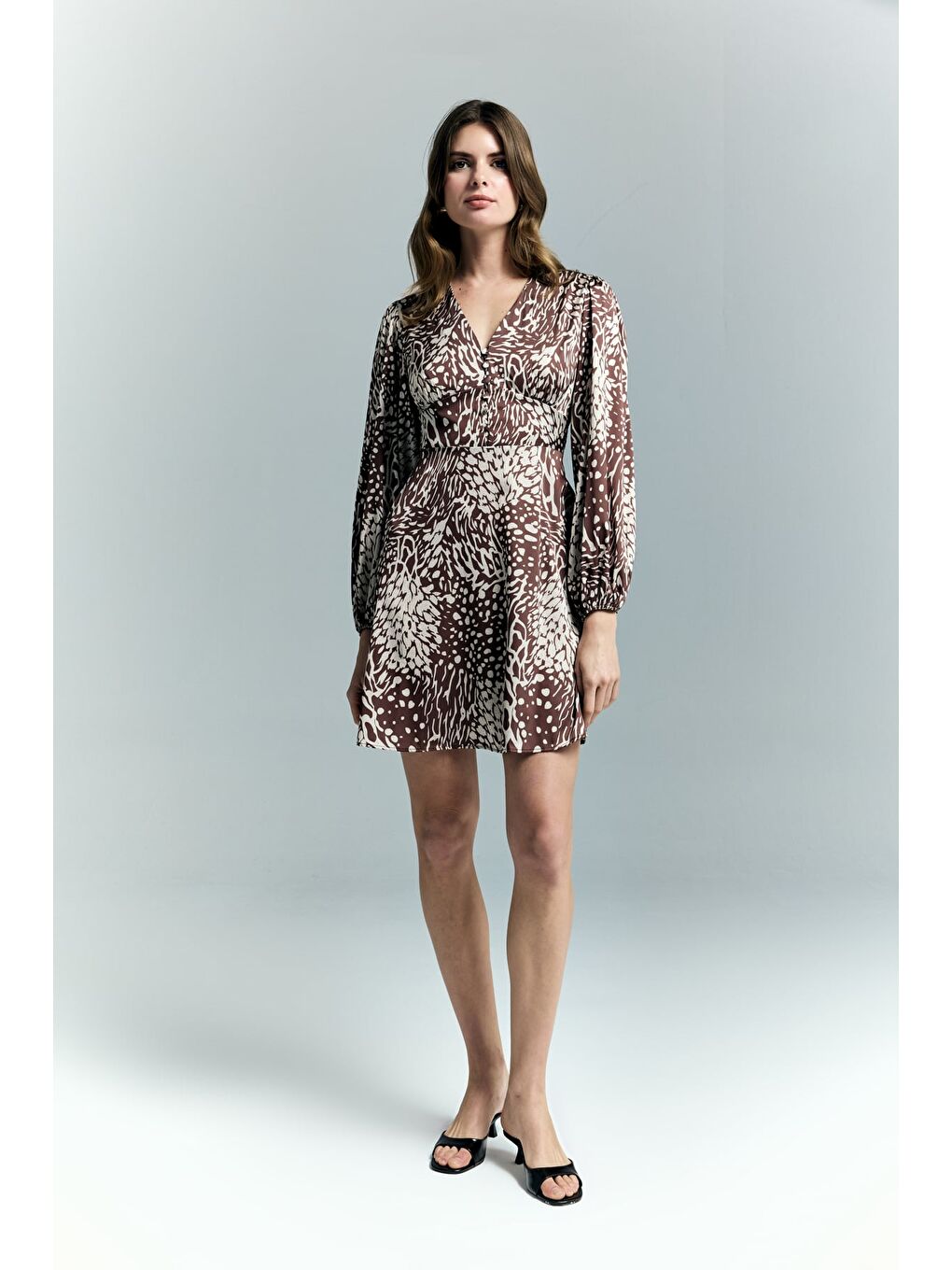 Kahverengi Desenli Mini Elbise - Kahve-4