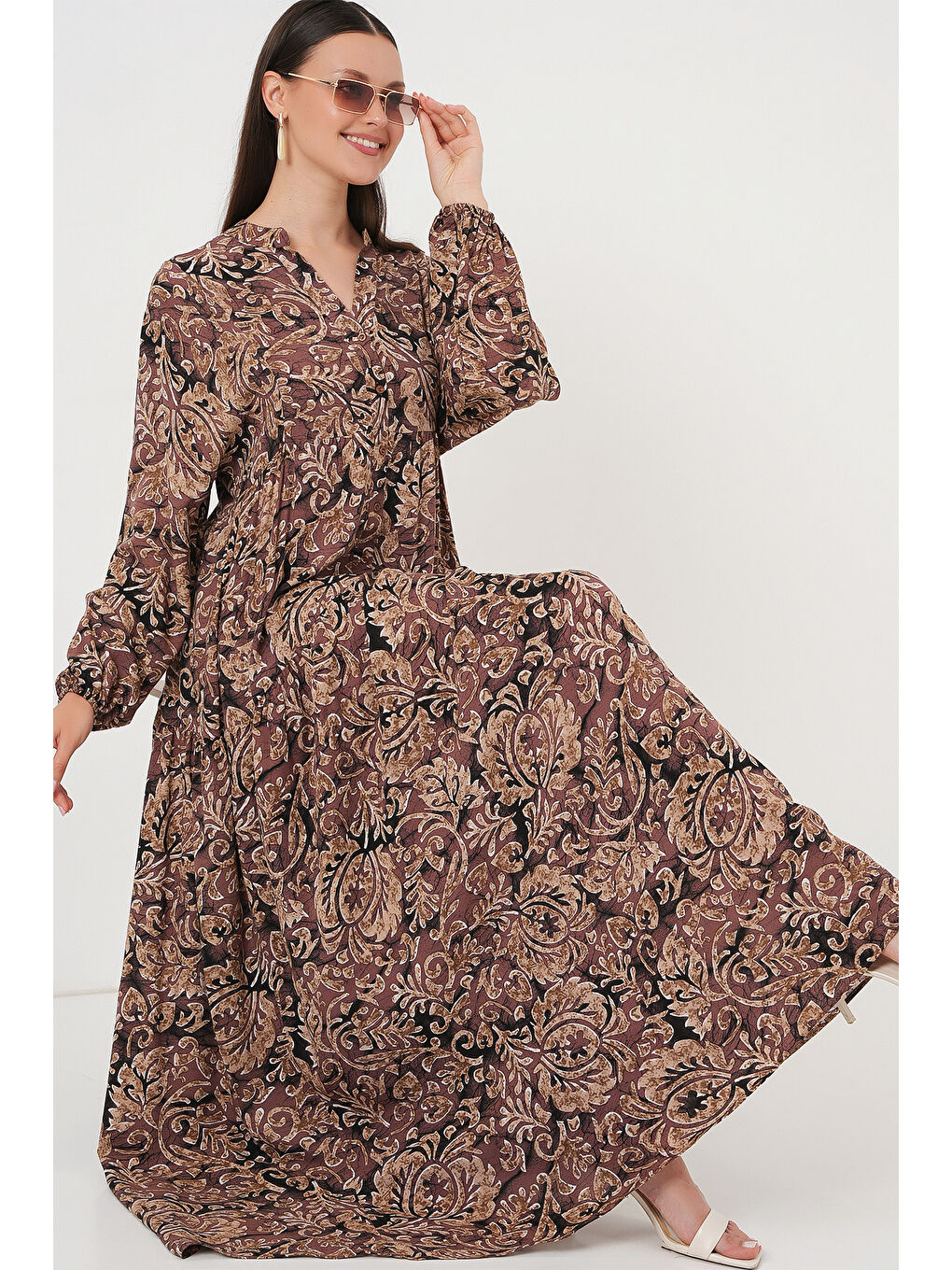 Kırmızı 2423 Otantik Desenli Tesettür Elbise - C. Gül Kurusu-1