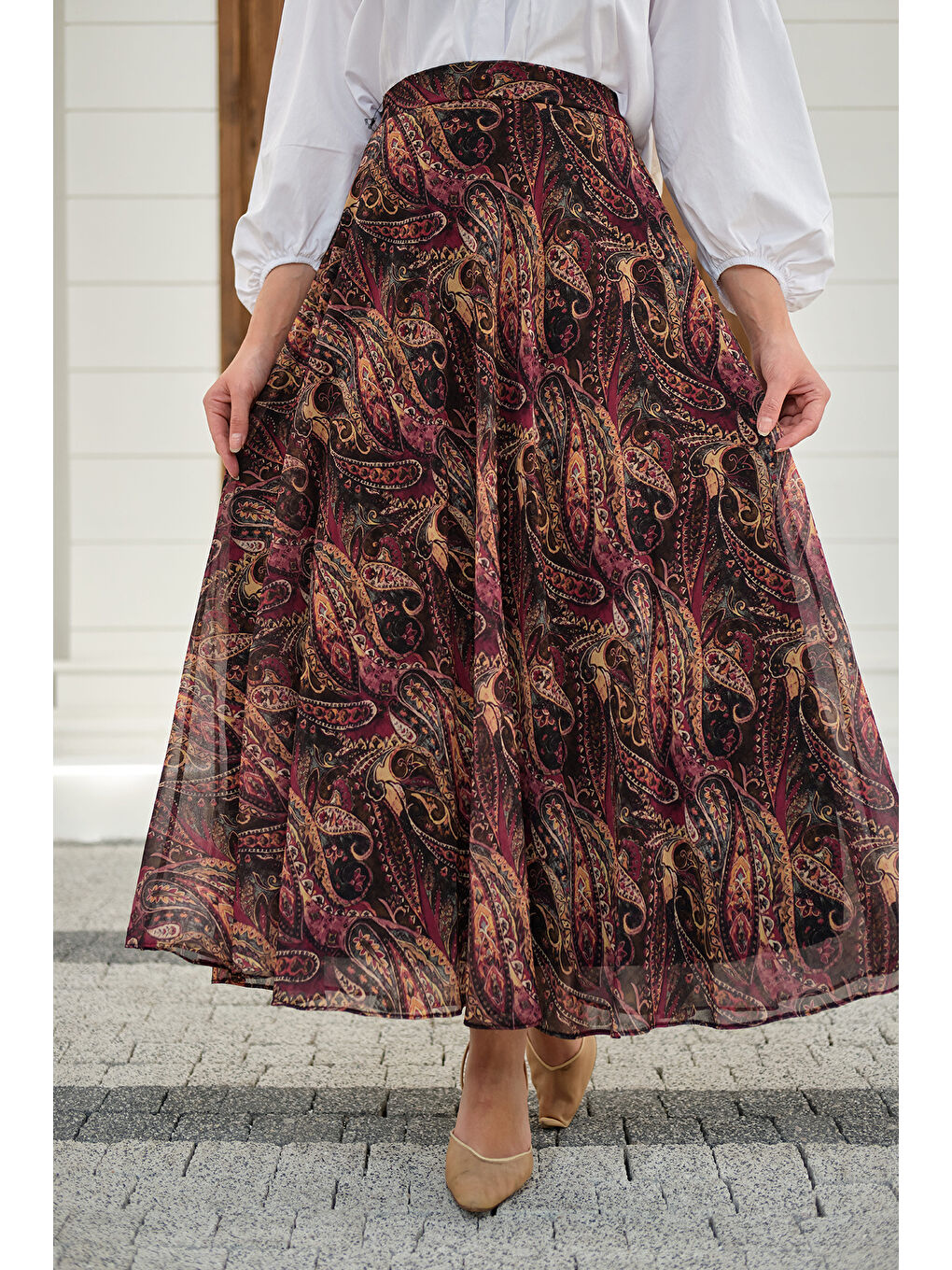 Kadın Etnik Desen Şifon Etek Mürdüm-1