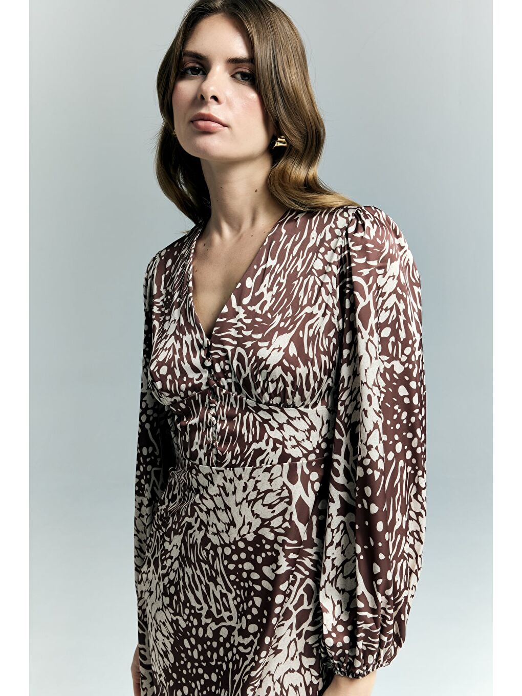 Kahverengi Desenli Mini Elbise - Kahve-6