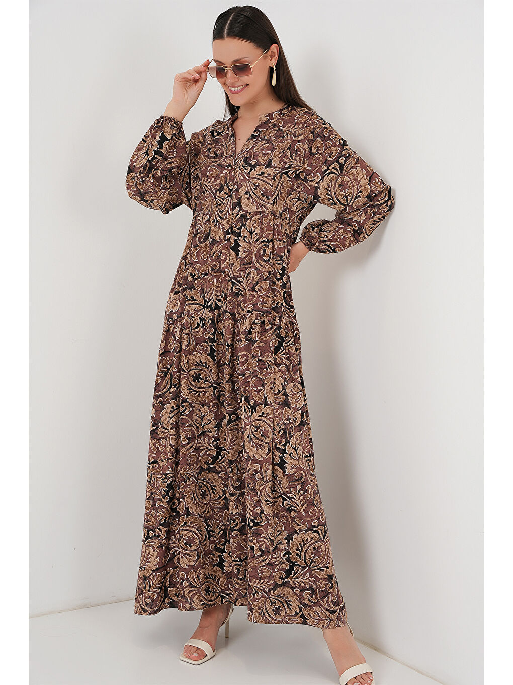 Kırmızı 2423 Otantik Desenli Tesettür Elbise - C. Gül Kurusu-2