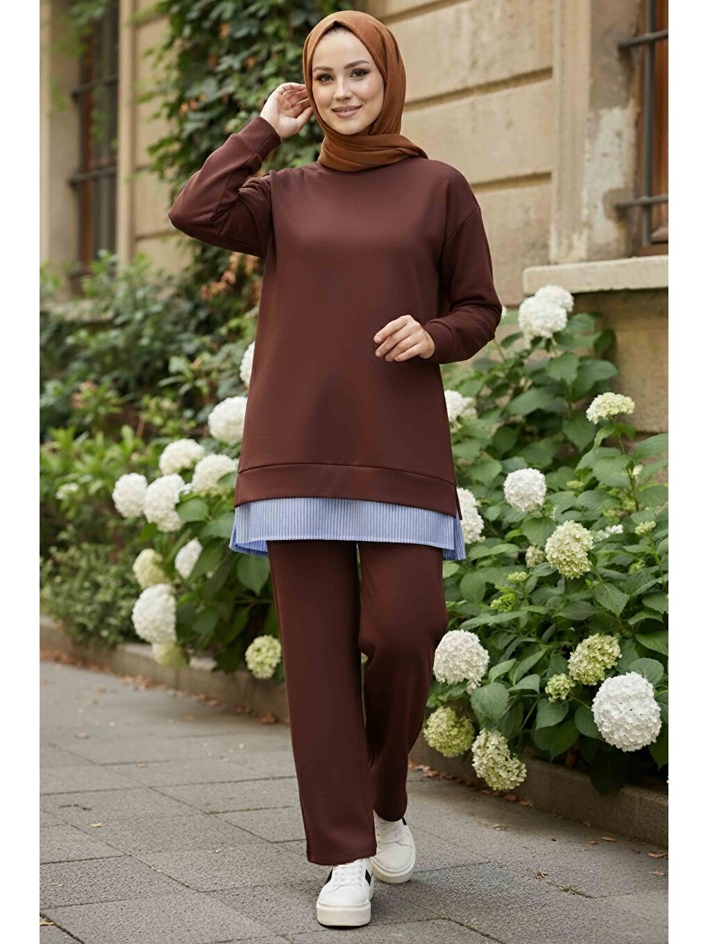 Kahverengi Eteği Çizgili Modal İkili Takım Kahve - 28028-KAHVE