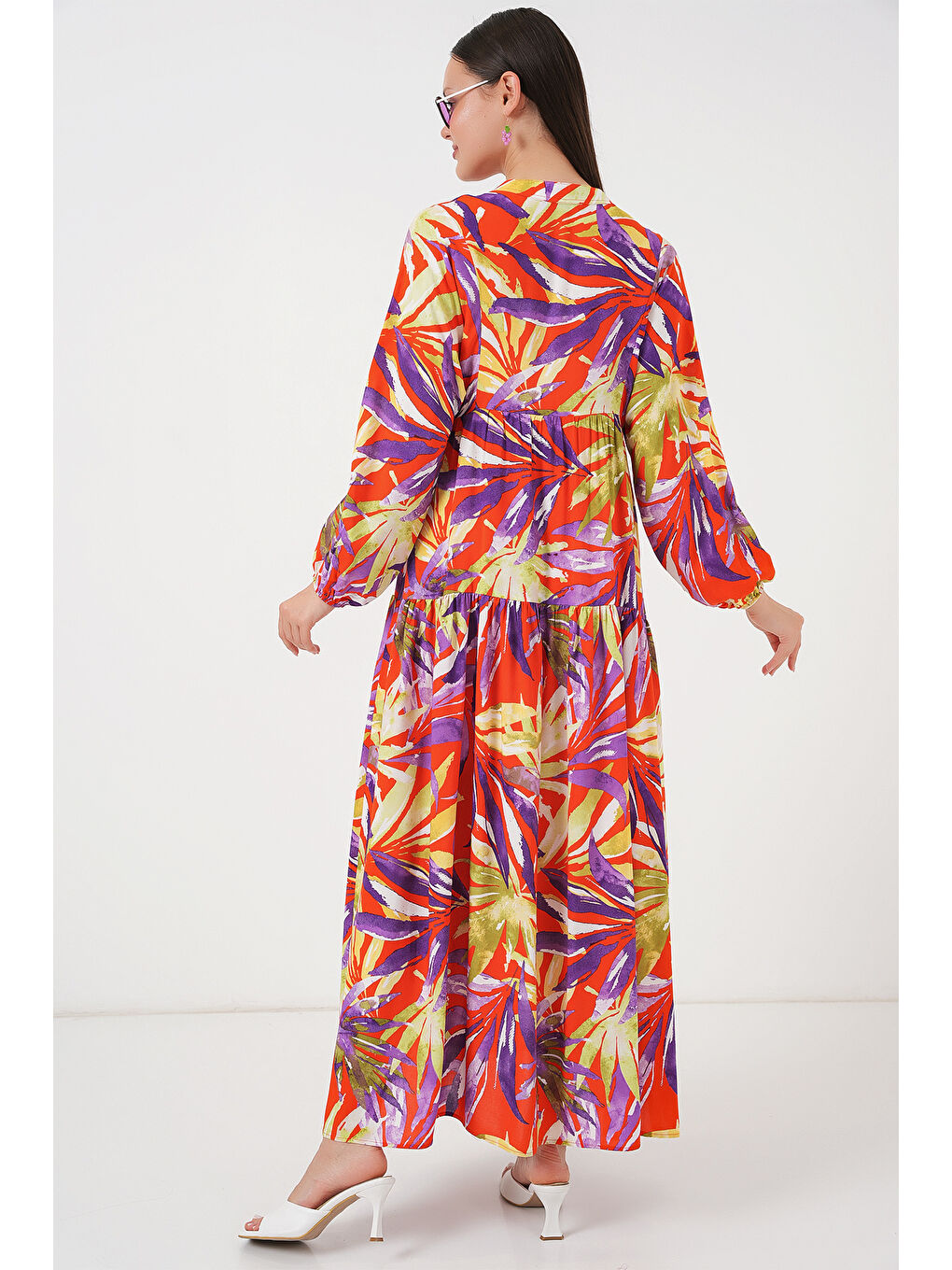 2423 Otantik Desenli Tesettür Elbise - B.Lila-6