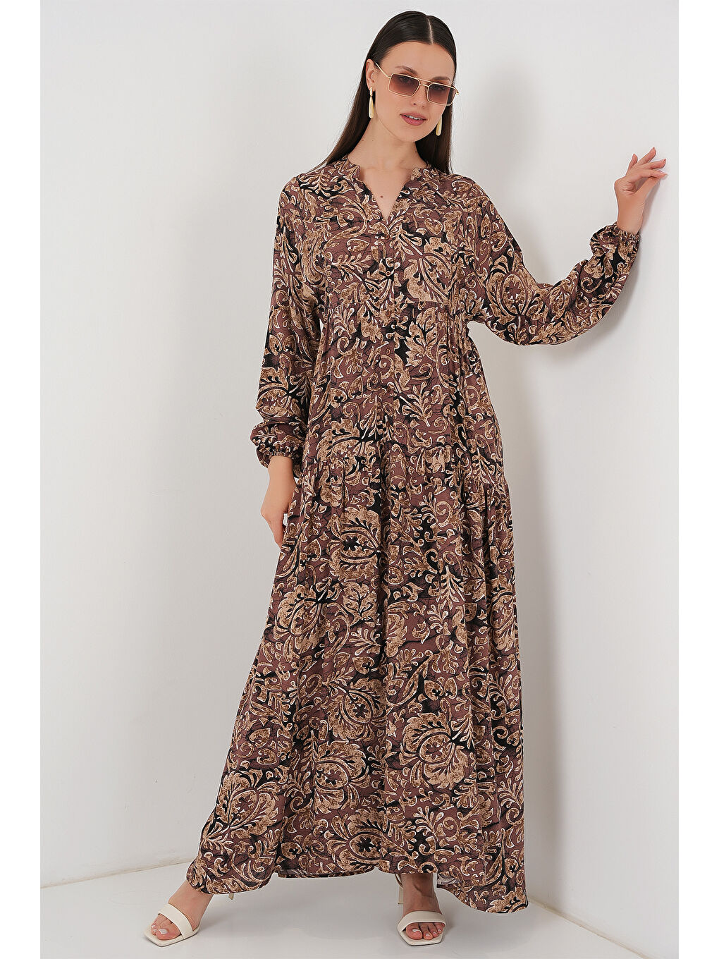 Kırmızı 2423 Otantik Desenli Tesettür Elbise - C. Gül Kurusu-3