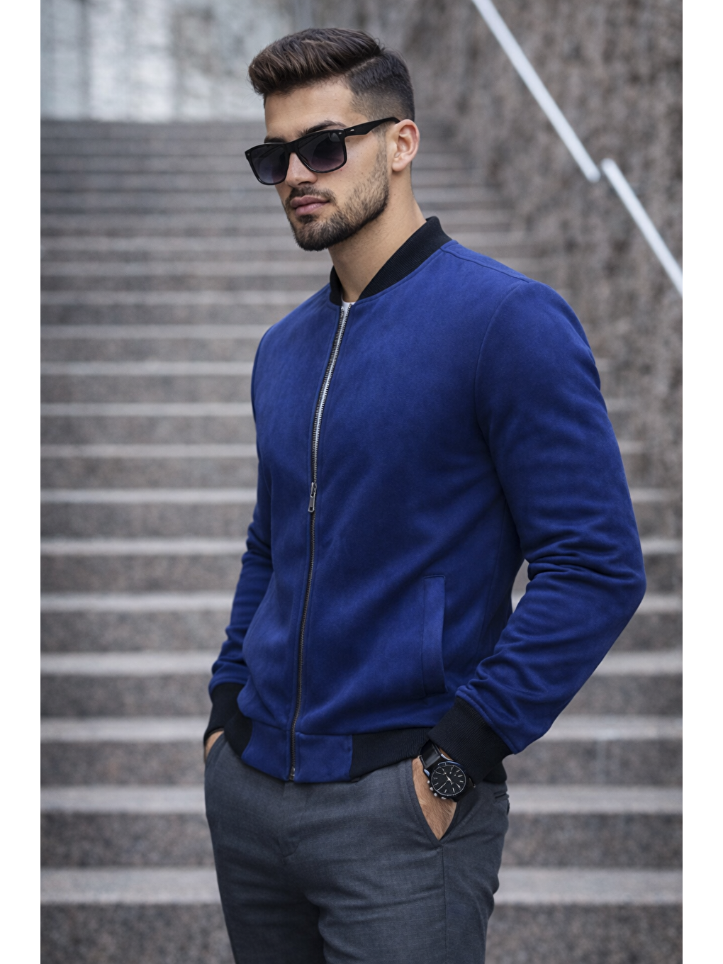 Erkek Basic Dar Kalıp Lacivert Nubuk Ceket-1