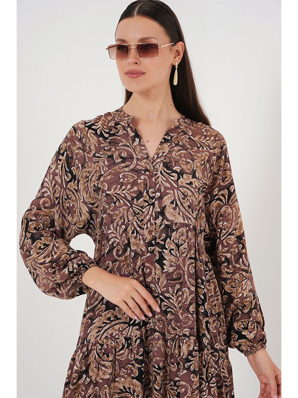 Kırmızı 2423 Otantik Desenli Tesettür Elbise - C. Gül Kurusu-4