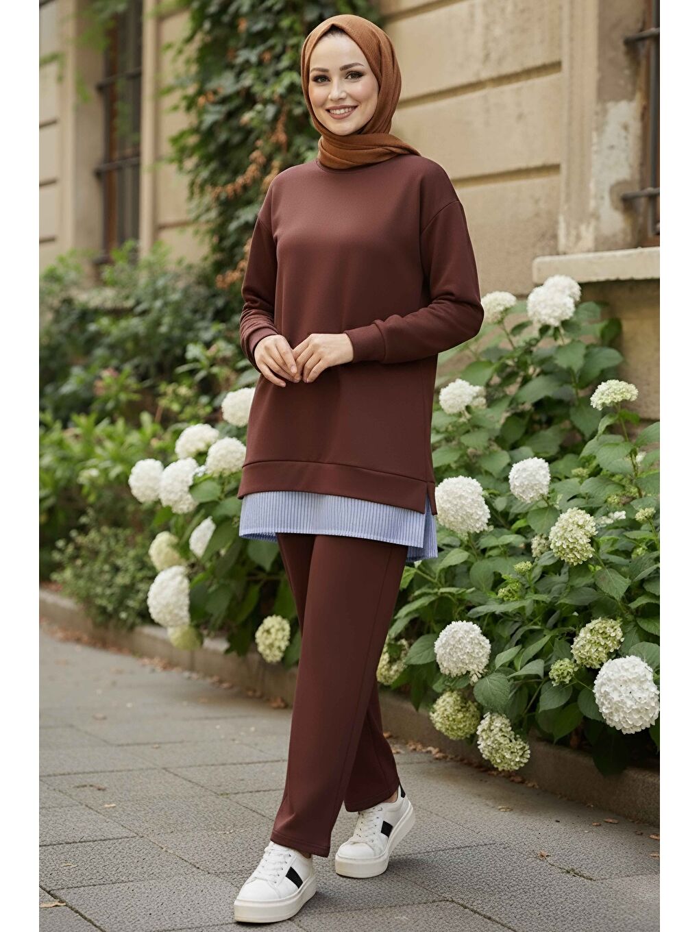 Kahverengi Eteği Çizgili Modal İkili Takım Kahve - 28028-KAHVE-1