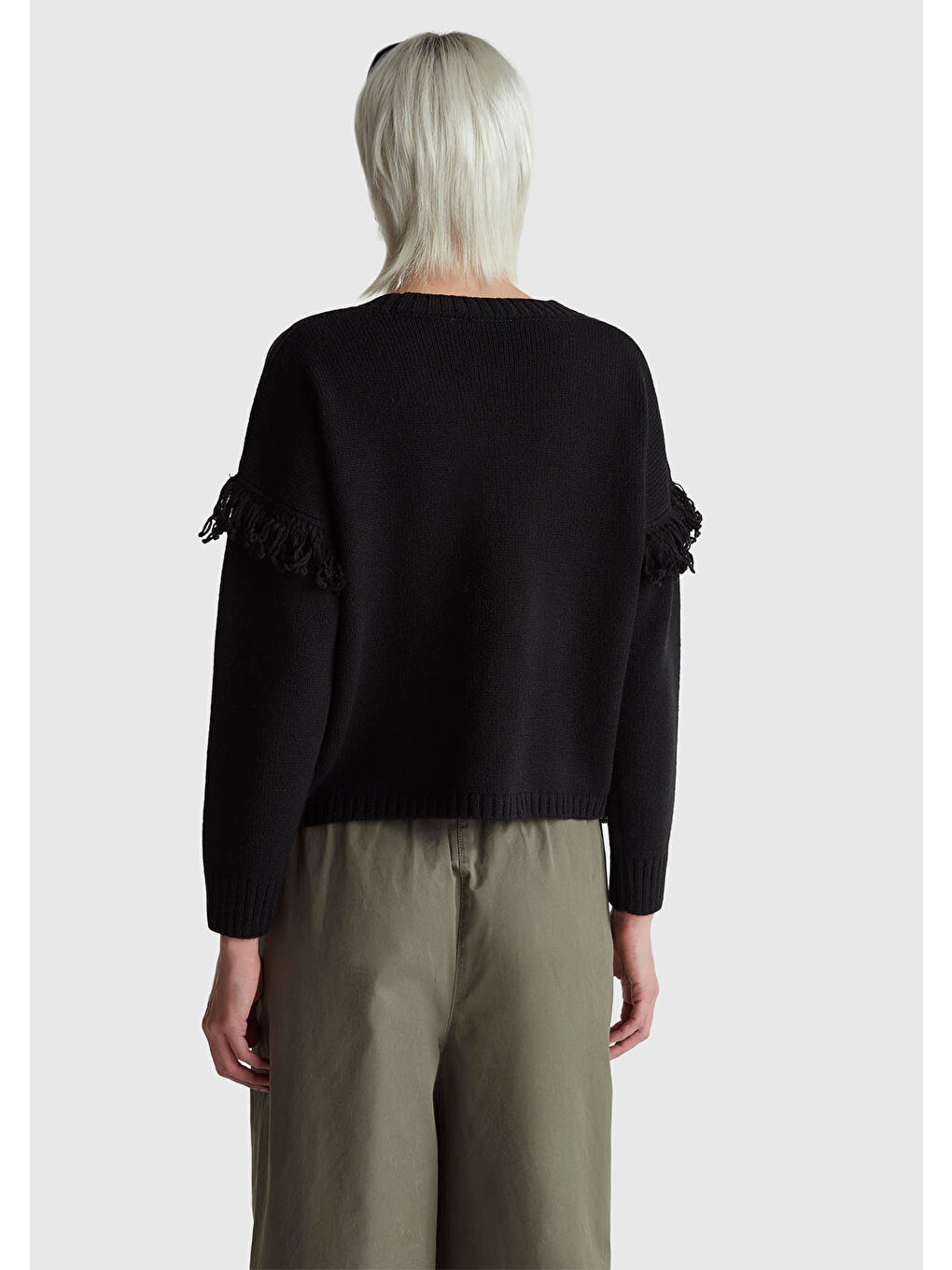 Kadın Siyah Yün ve Akrilik Karışımlı Ribana Detaylı Bisiklet Yaka Kazak-2