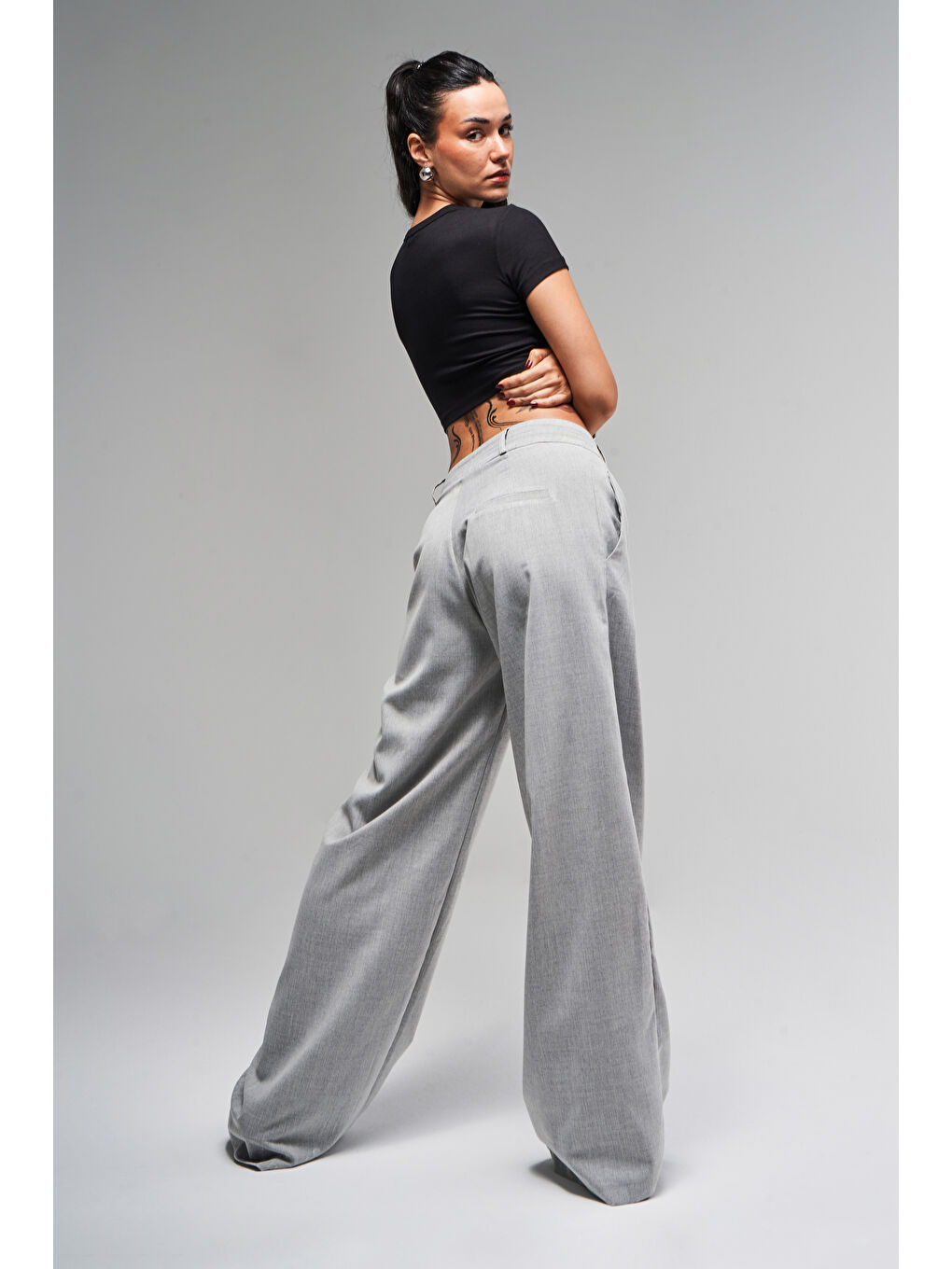 Kadın Gri Renk Neptun S5-12 Kemer Detaylı Palazzo Fit Pileli Pantolon-5