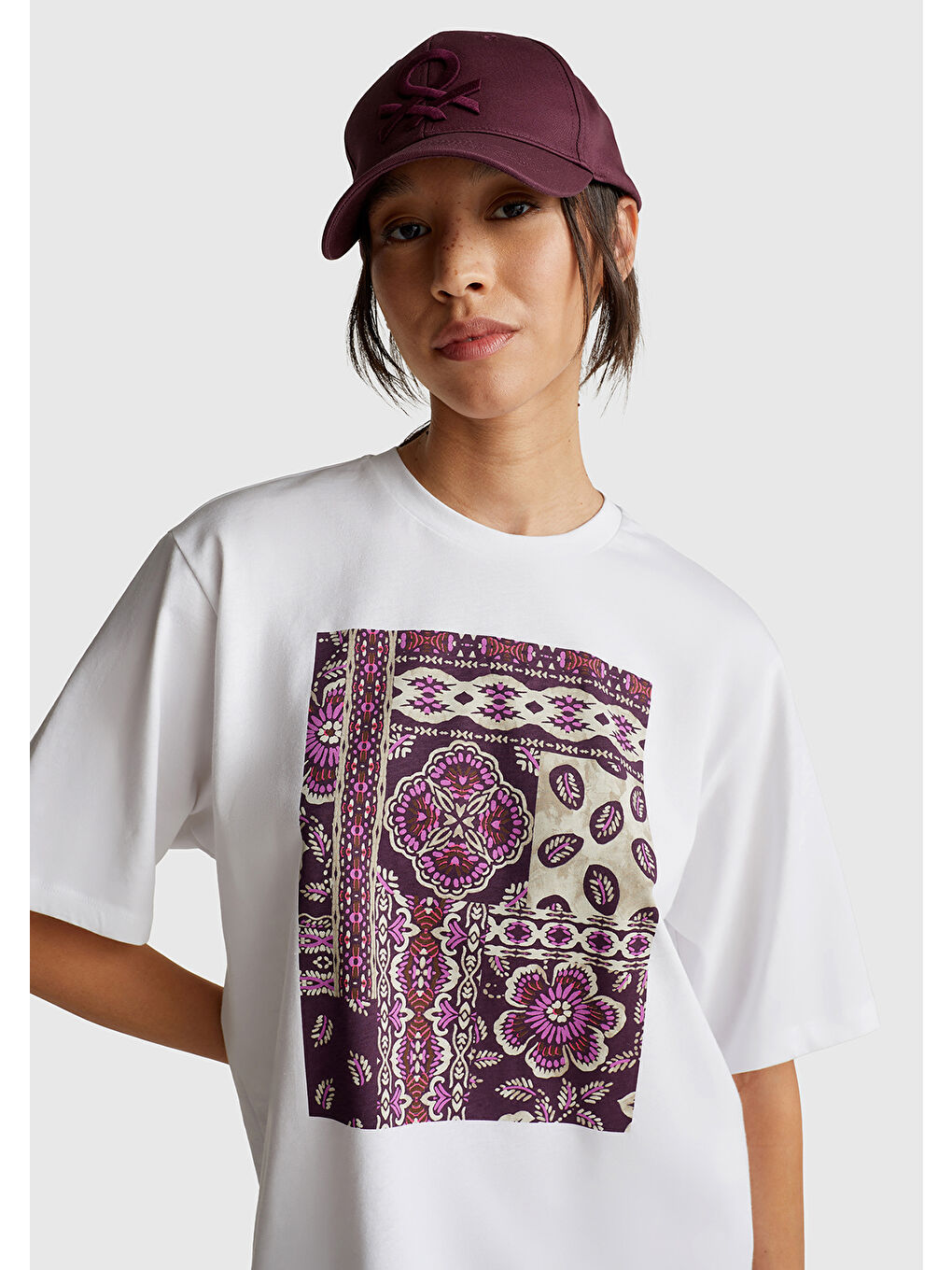 Kadın Mürdüm Mix Pamuk Karışımlı Baskılı T-Shirt-4