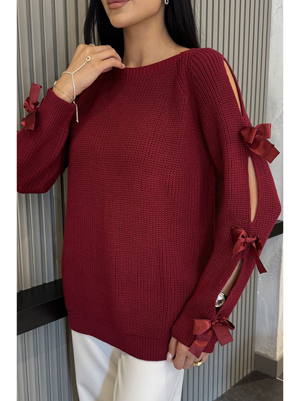 Bordo Kadın Fiyonk Detaylı Triko Bluz-1