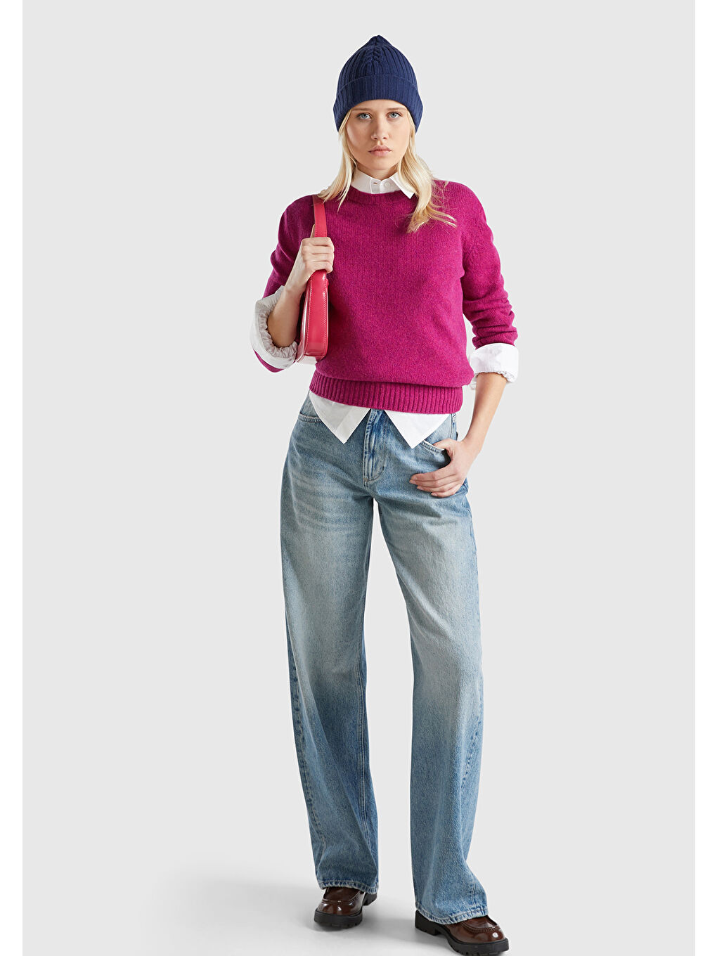 Kadın Fuşya Bisiklet Yaka Shetland Kazak-4