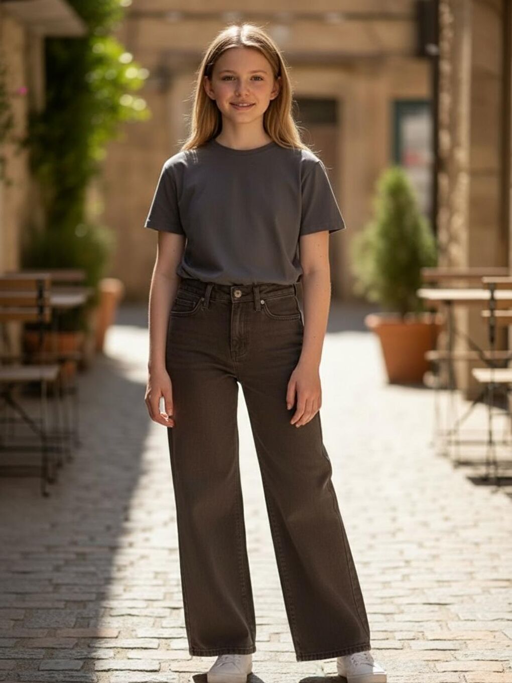 Kahverengi Kız Çocuk Wideleg Geniş paça Acı Kahve Jean Pantolon
