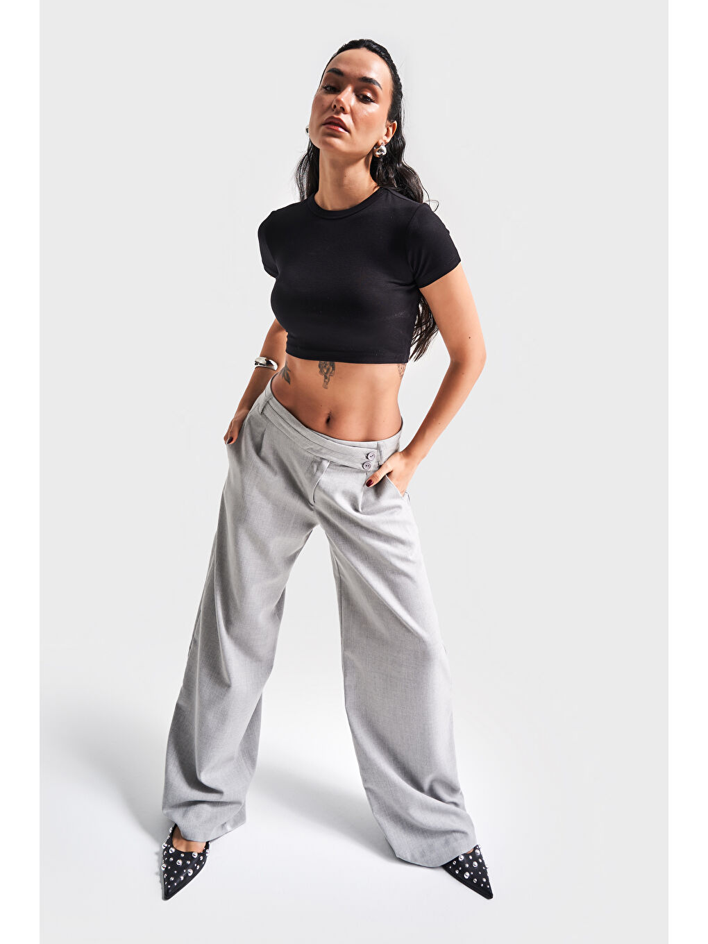 Kadın Gri Renk Neptun S5-12 Kemer Detaylı Palazzo Fit Pileli Pantolon-6