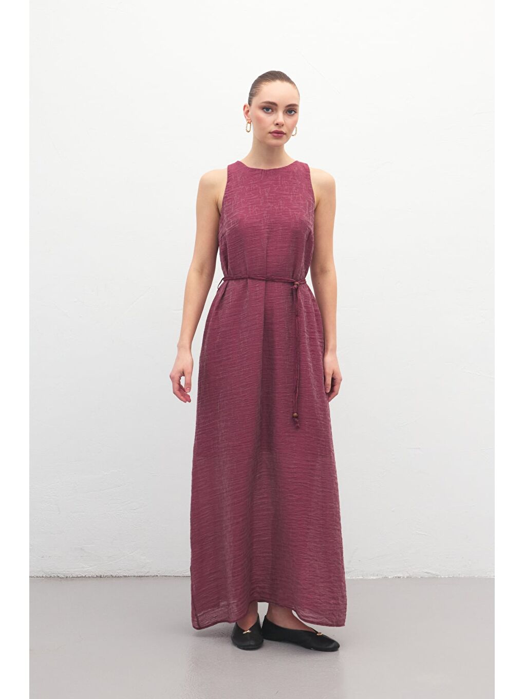 Kemer Detaylı Uzun Elbise - Mürdüm