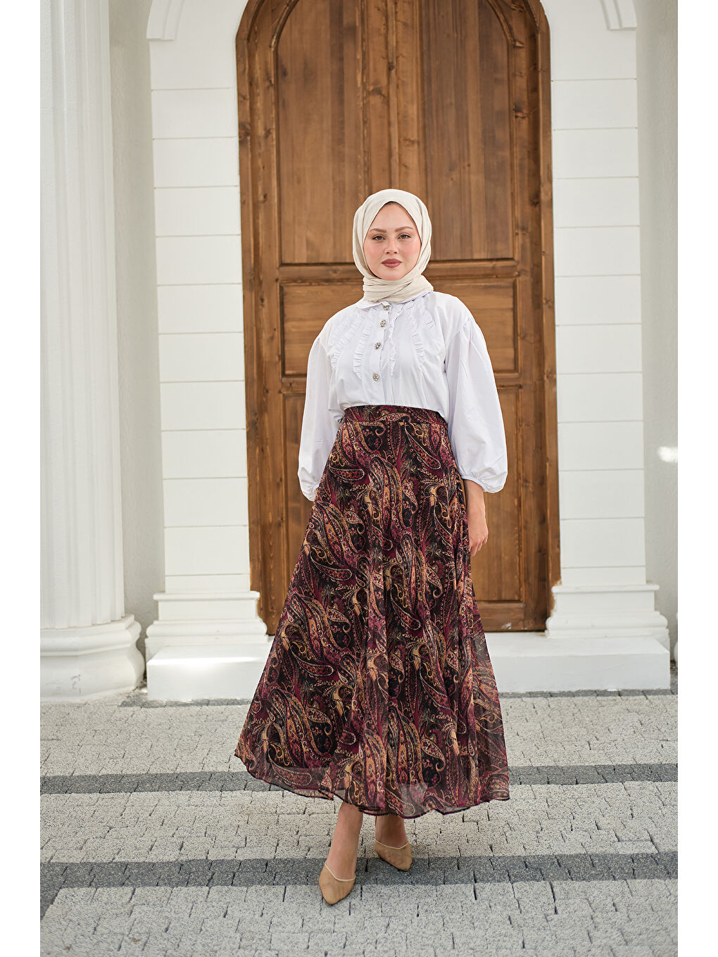 Kadın Etnik Desen Şifon Etek Mürdüm-2