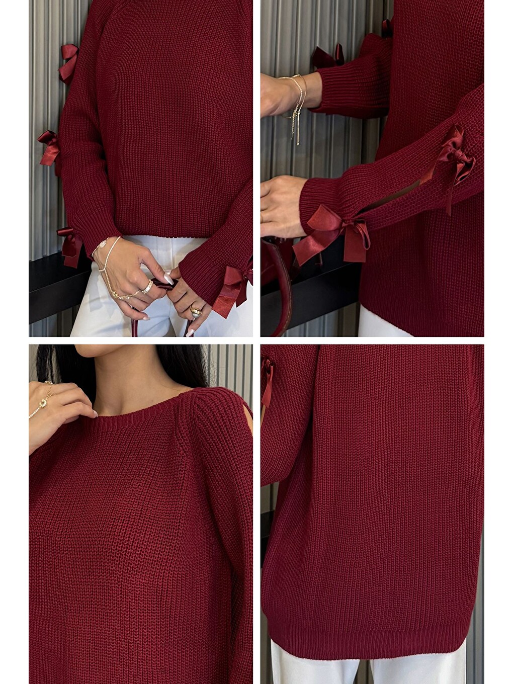 Bordo Kadın Fiyonk Detaylı Triko Bluz-2