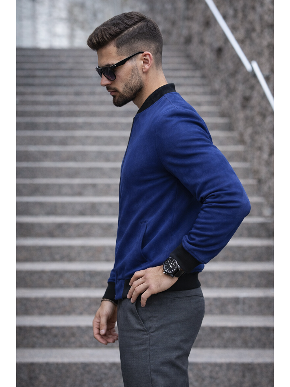 Erkek Basic Dar Kalıp Lacivert Nubuk Ceket-2