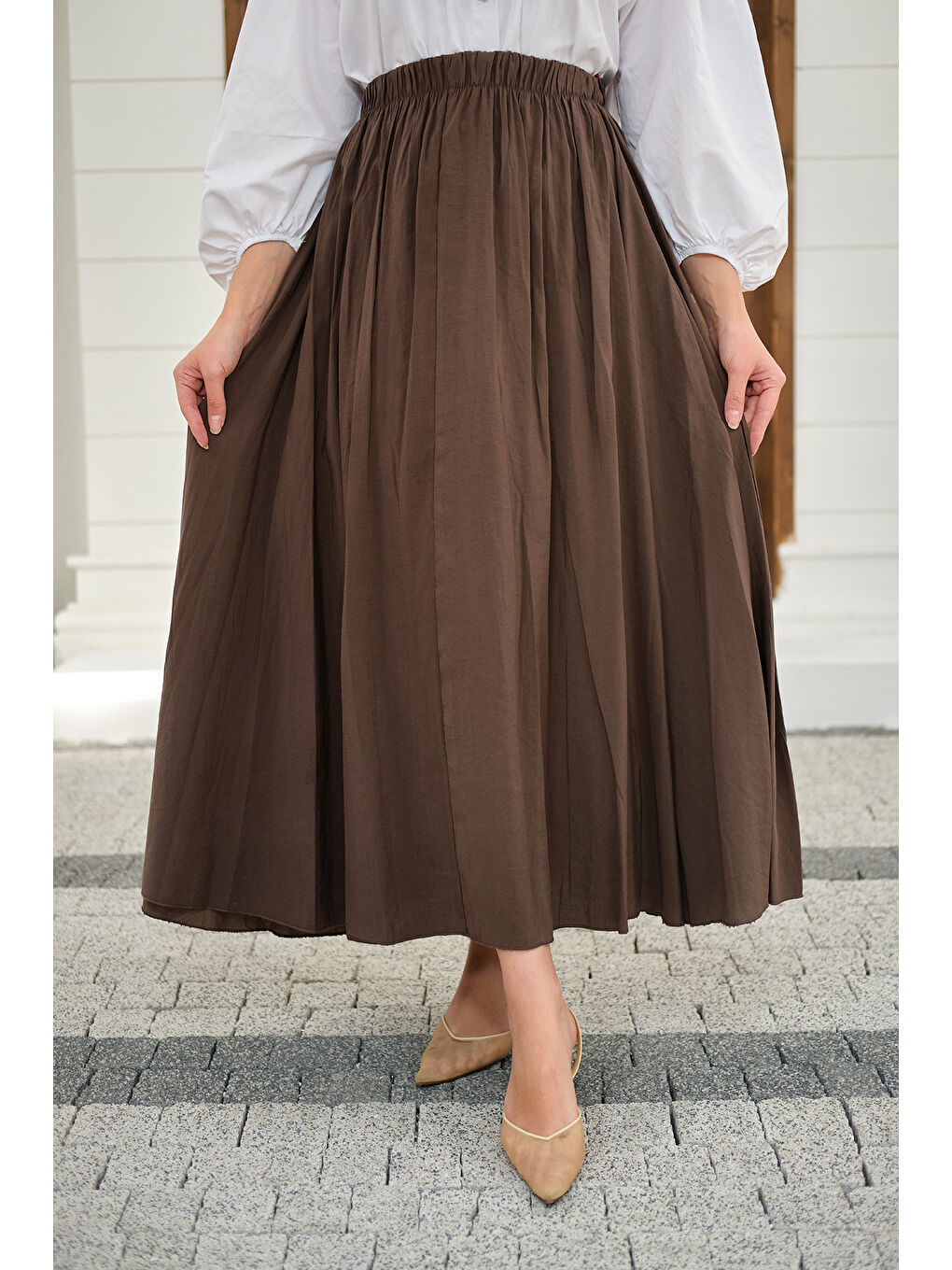 Kadın Beli Lastikli Kırışık Etek Kahverengi-1