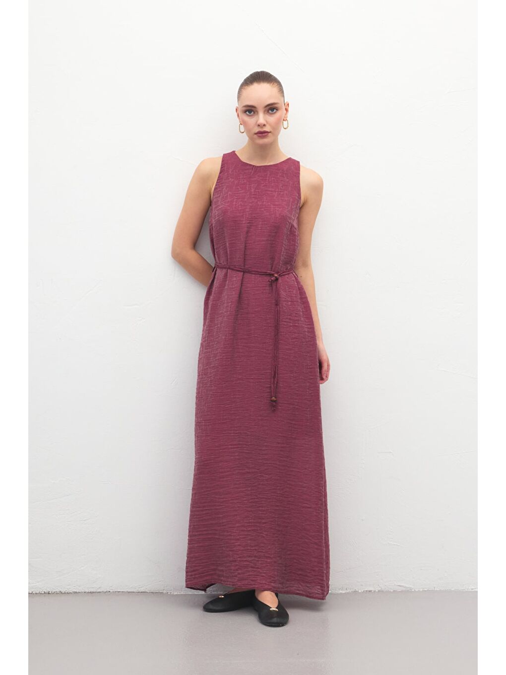 Kemer Detaylı Uzun Elbise - Mürdüm-1