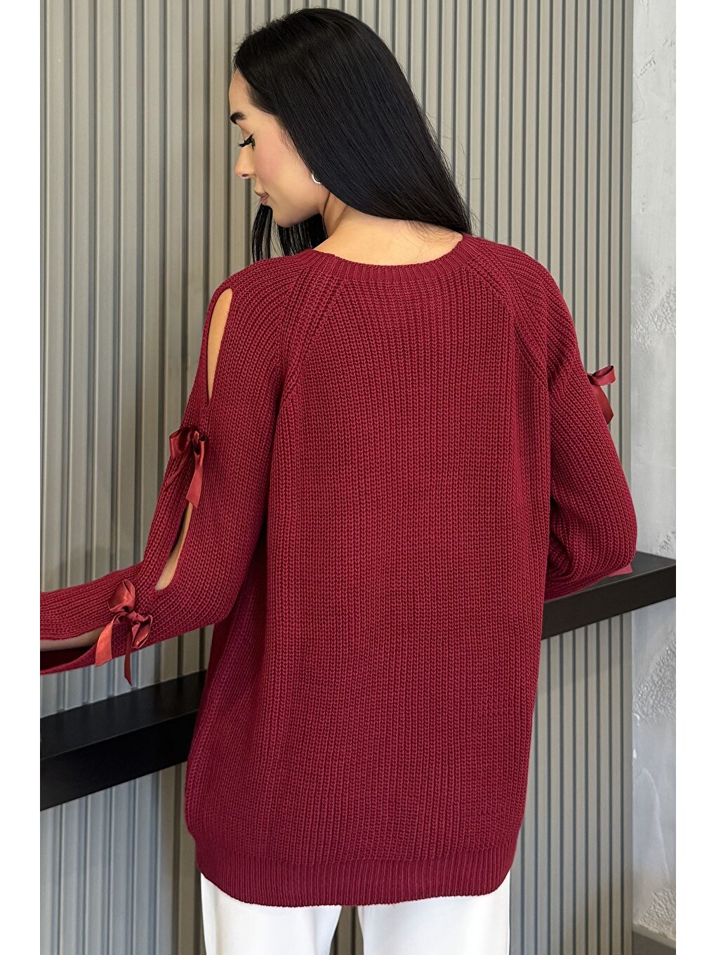 Bordo Kadın Fiyonk Detaylı Triko Bluz-3