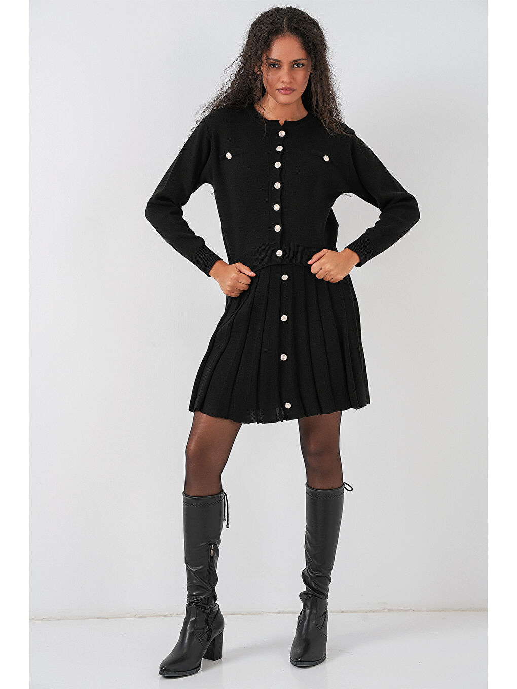 Kadın Triko Hırka Etek İkili Takım 15942 - Siyah-1