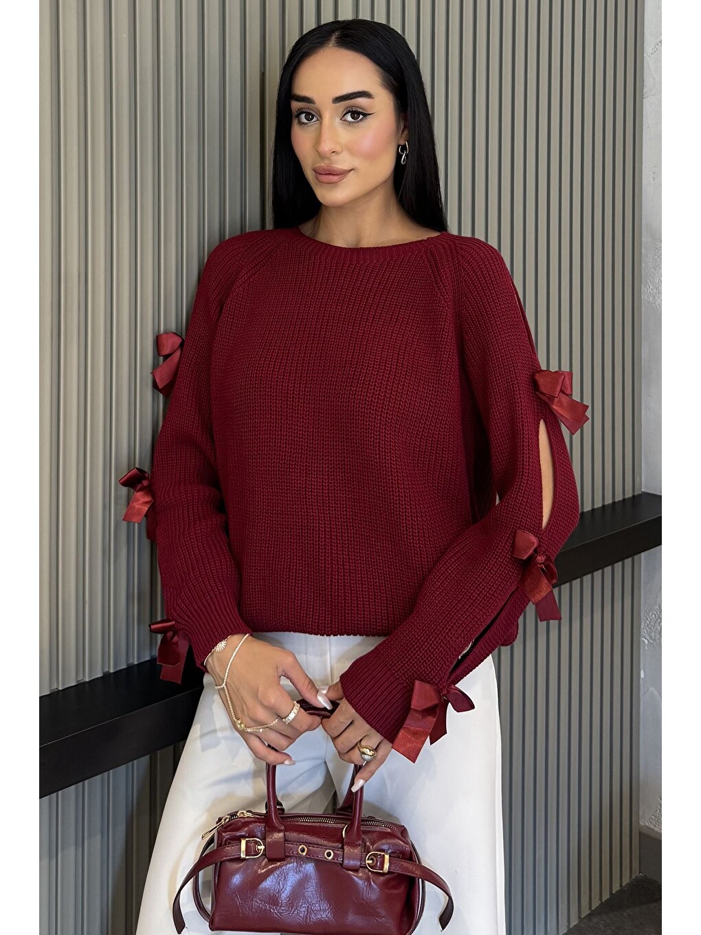 Bordo Kadın Fiyonk Detaylı Triko Bluz-4