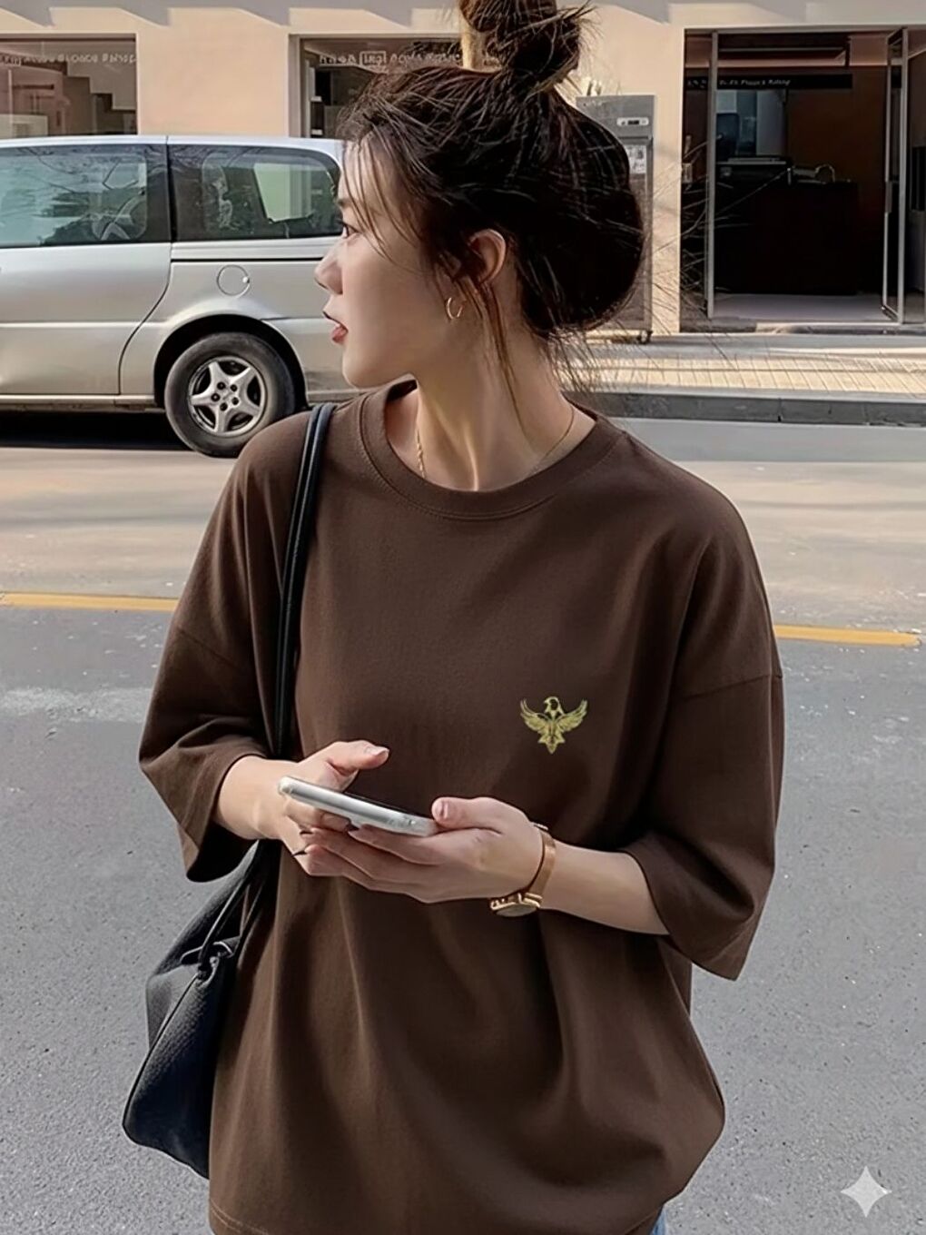 Kahverengi Unisex Kahve Golden Wing Baskılı Tişört