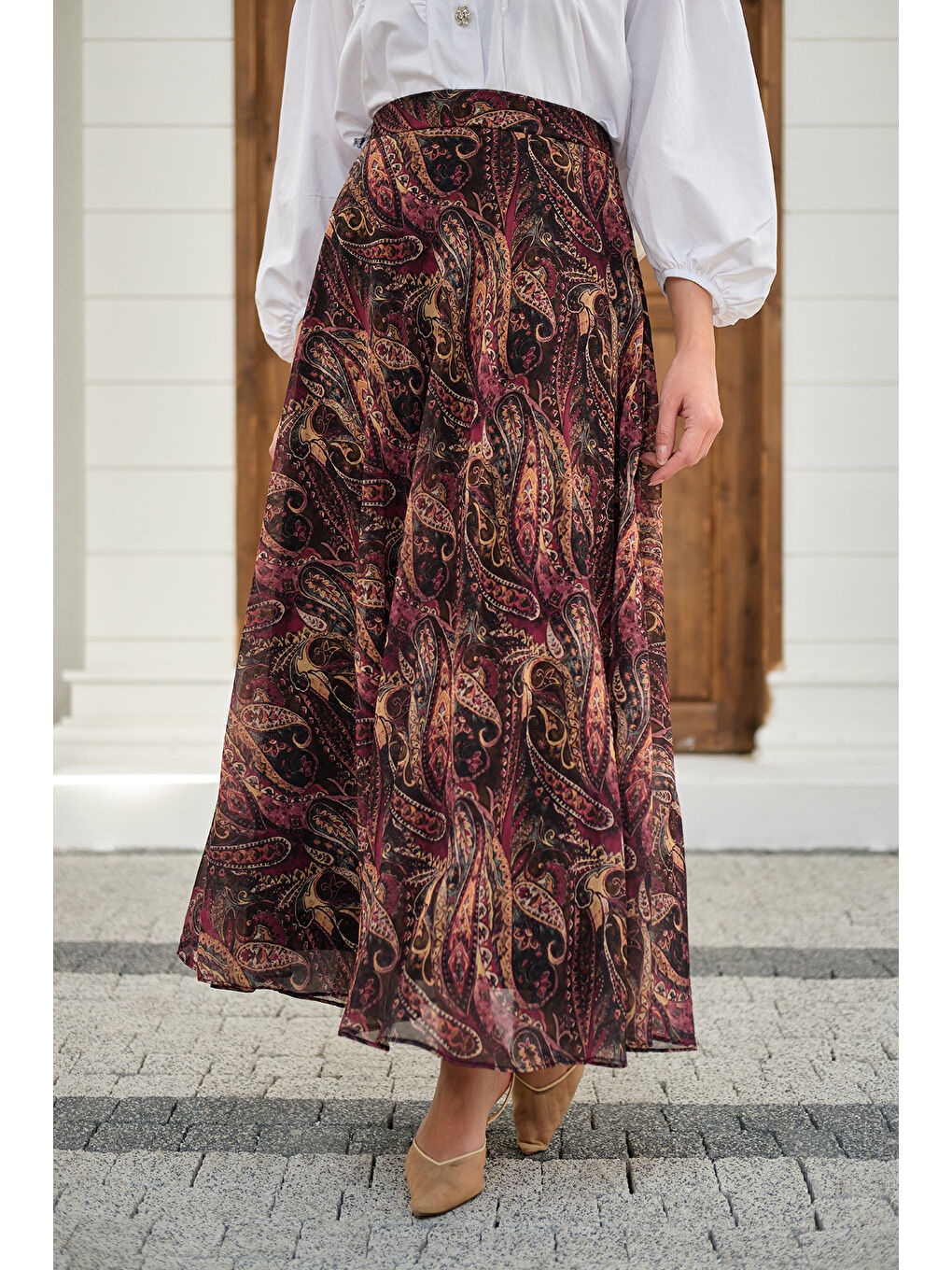 Kadın Etnik Desen Şifon Etek Mürdüm-3