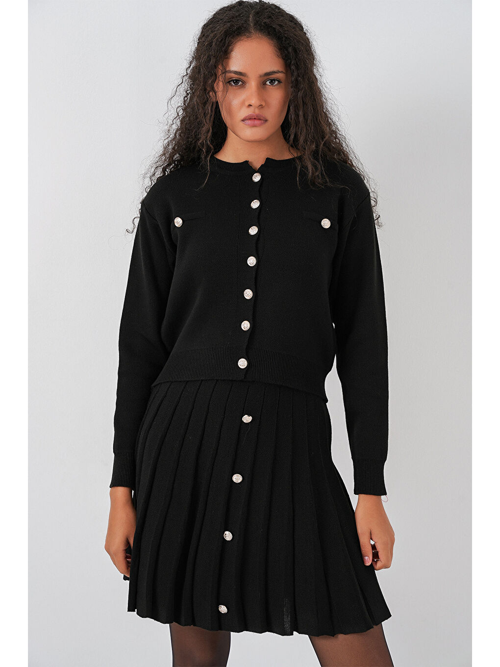 Kadın Triko Hırka Etek İkili Takım 15942 - Siyah-2