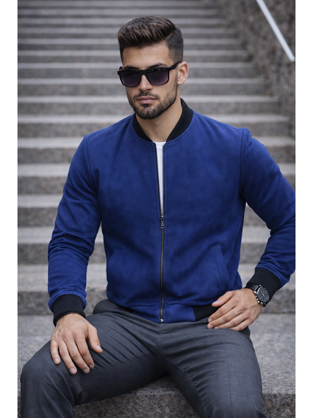 Erkek Basic Dar Kalıp Lacivert Nubuk Ceket-3