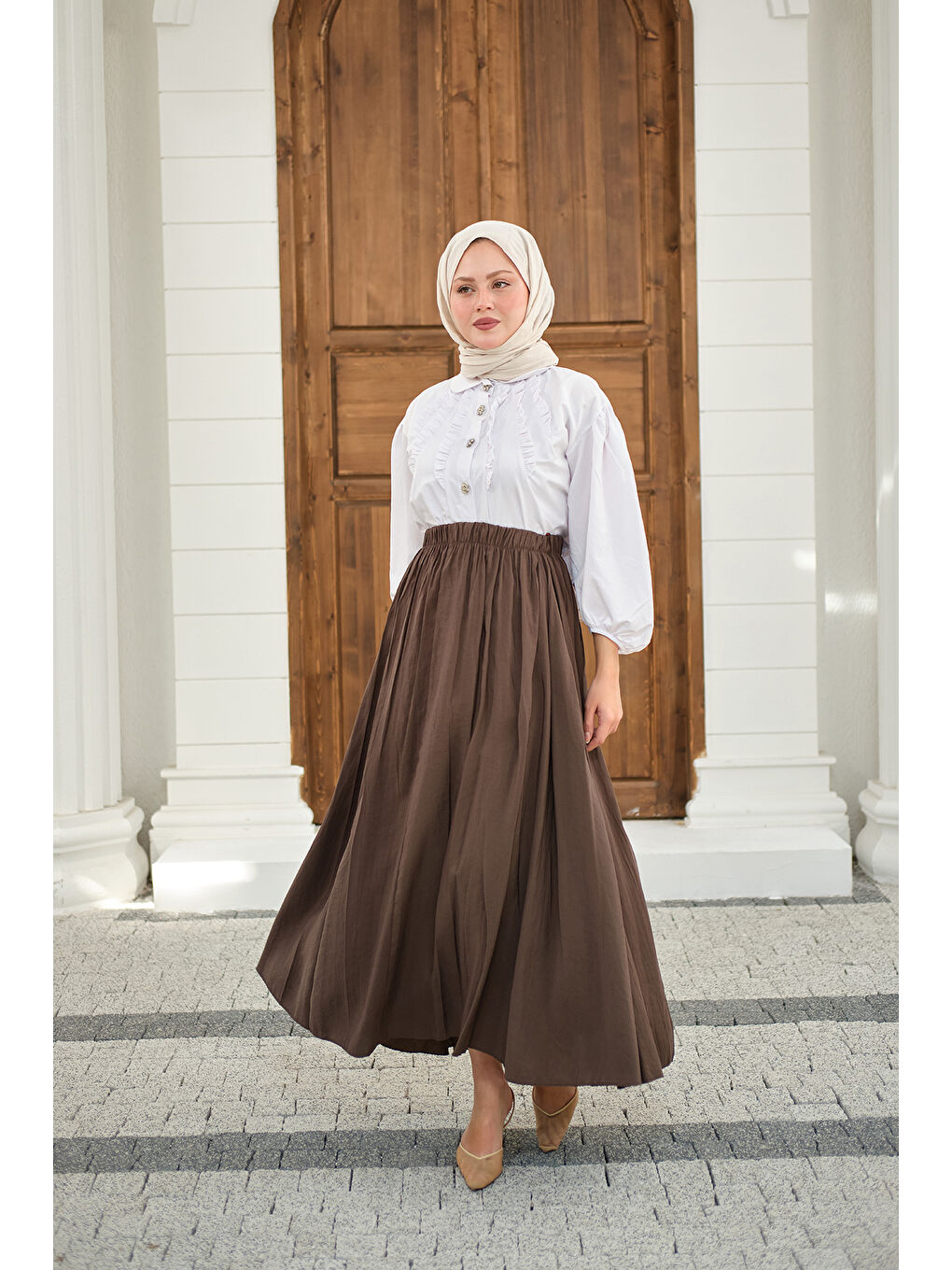 Kadın Beli Lastikli Kırışık Etek Kahverengi-2