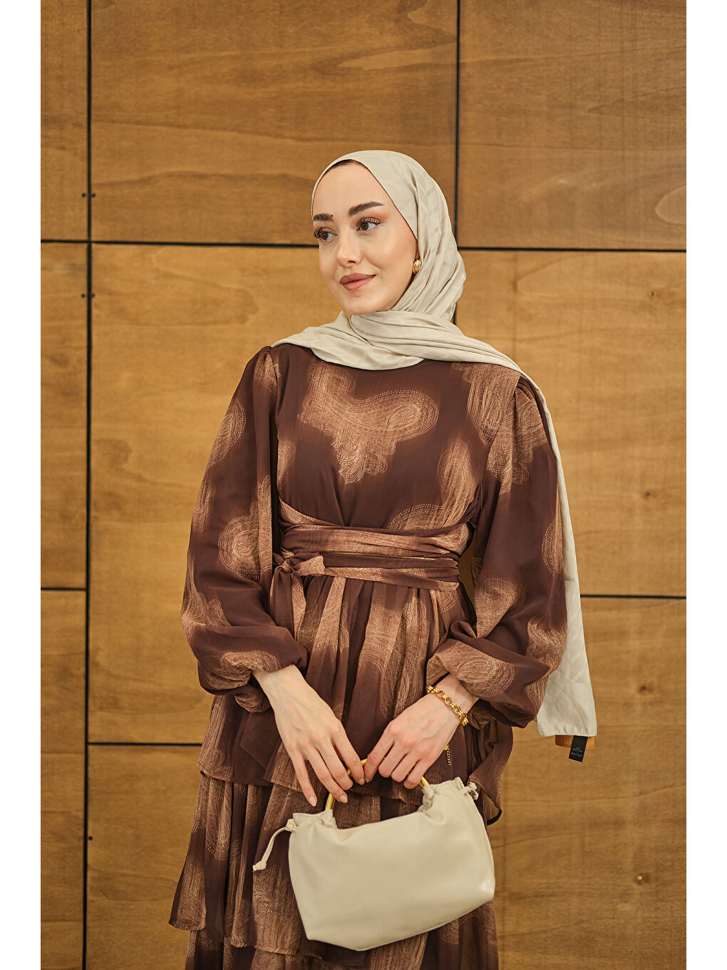 Kadın Kat Kat Dökümlü Şifon Elbise Kahverengi-2