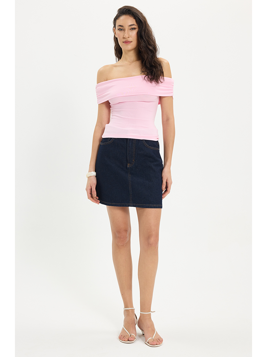 Kadın Slim Fit Dar Kesim Pamuklu Kayık Yaka Kısa Kollu Elastanlı Pembe Bluz-1