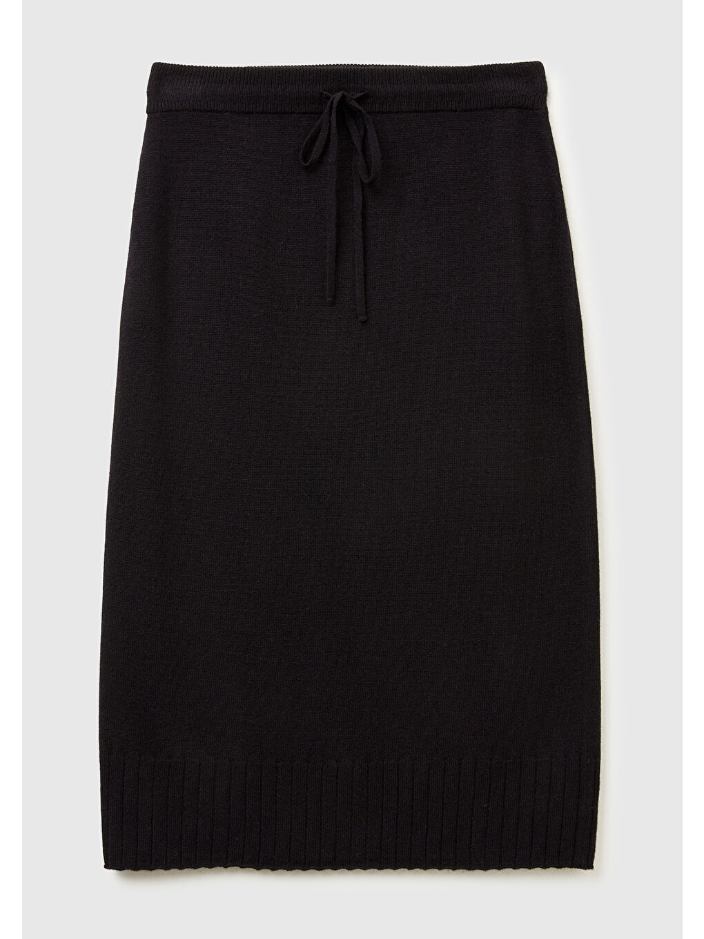 Siyah Kadın Sİyah Pamuk ve Yün Karışımlı Ribana Detaylı Bağcıklı Örme Etek-1