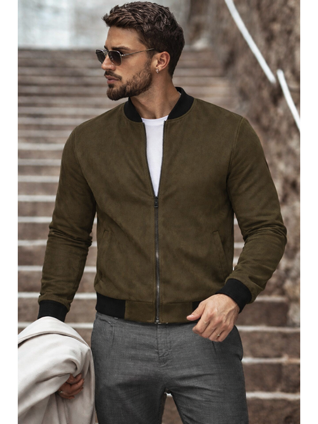 Erkek Basic Dar Kalıp Haki Nubuk Ceket