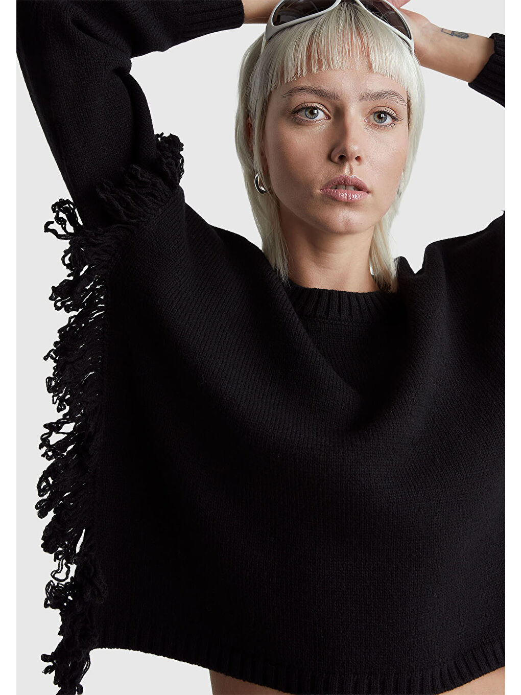 Kadın Siyah Yün ve Akrilik Karışımlı Ribana Detaylı Bisiklet Yaka Kazak-5