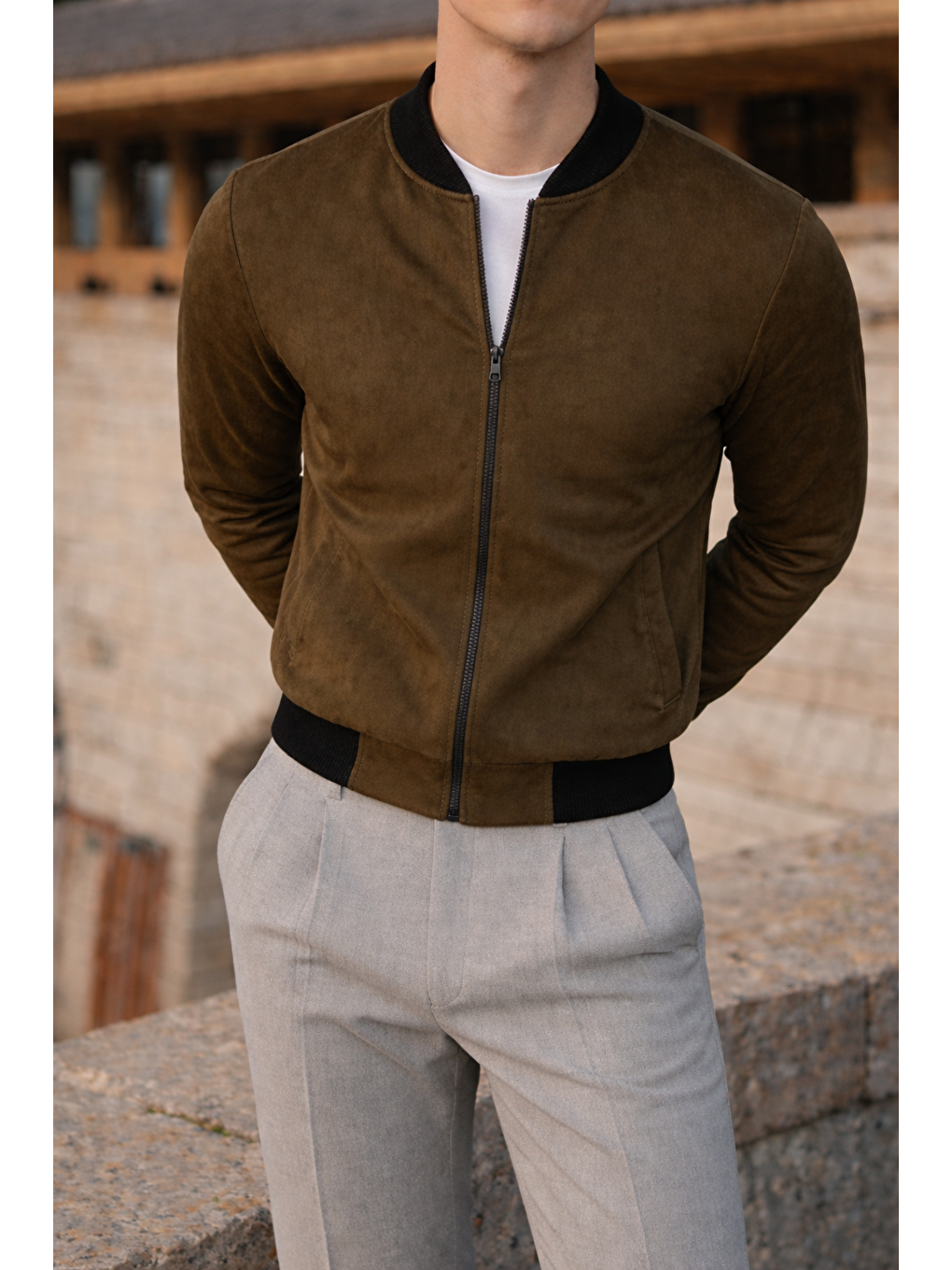 Erkek Smart Casual Haki Nubuk Ceket-1