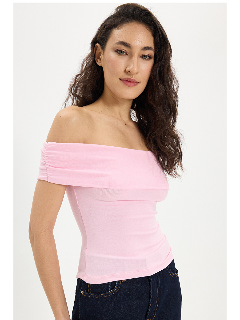 Kadın Slim Fit Dar Kesim Pamuklu Kayık Yaka Kısa Kollu Elastanlı Pembe Bluz-2