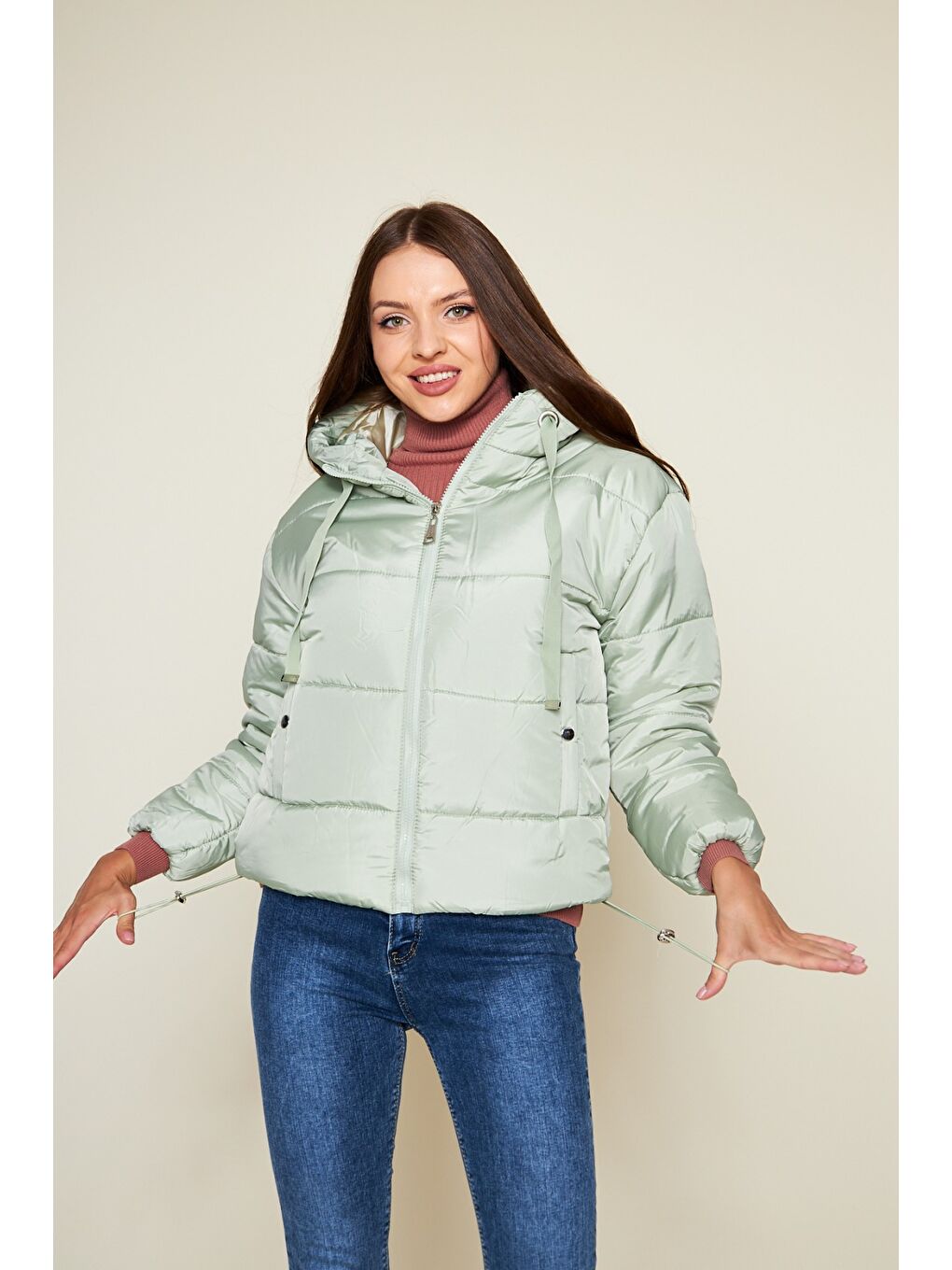 Yeşil Kadın Kışlık Cepli Basic Kapüşonlu Mint Şişme Mont-1