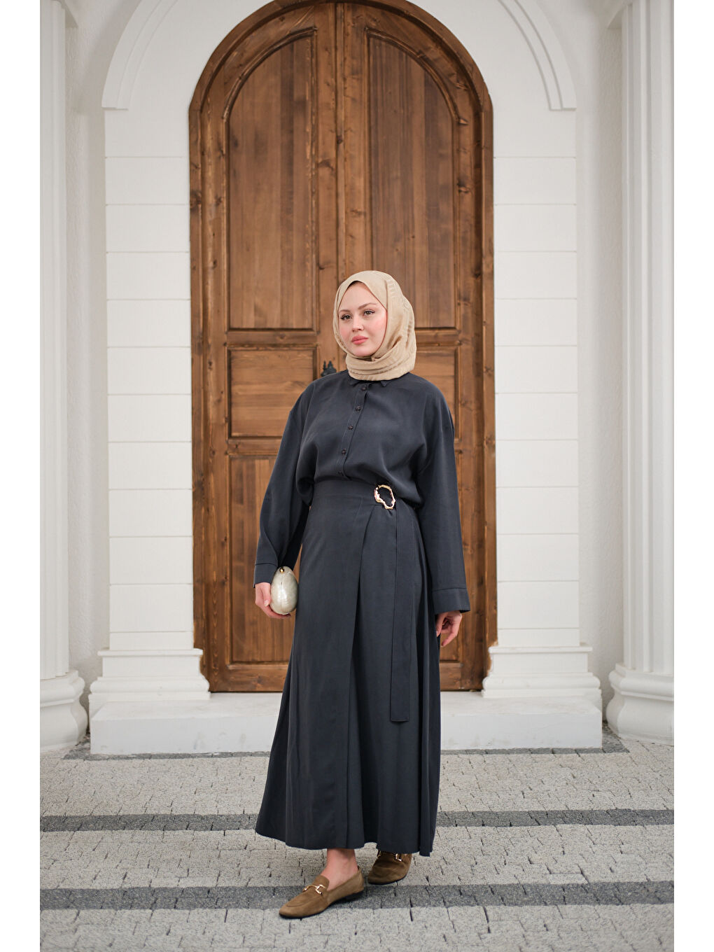 Kadın Gold Kemer Detay Gömlekli Takım Antrasit-1