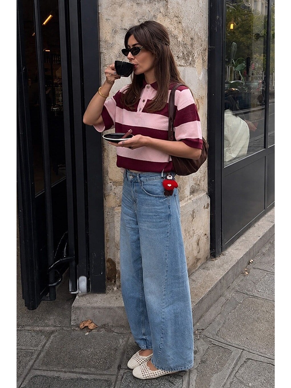 Bordo Çizgili  Polo Yaka Basic Kadın Tişört Mg2833