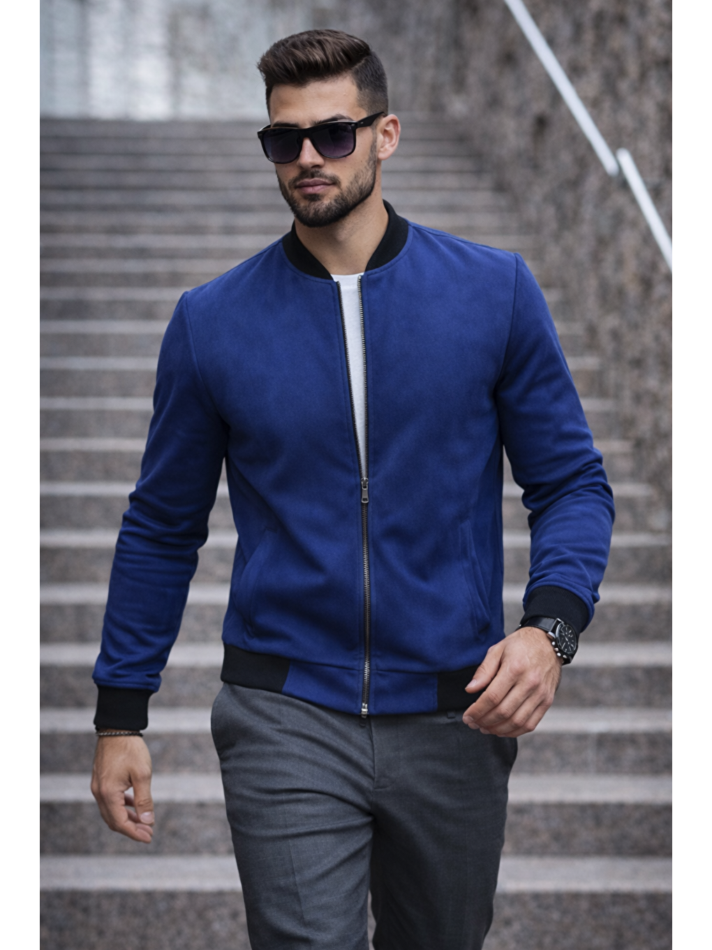 Erkek Basic Dar Kalıp Lacivert Nubuk Ceket-4