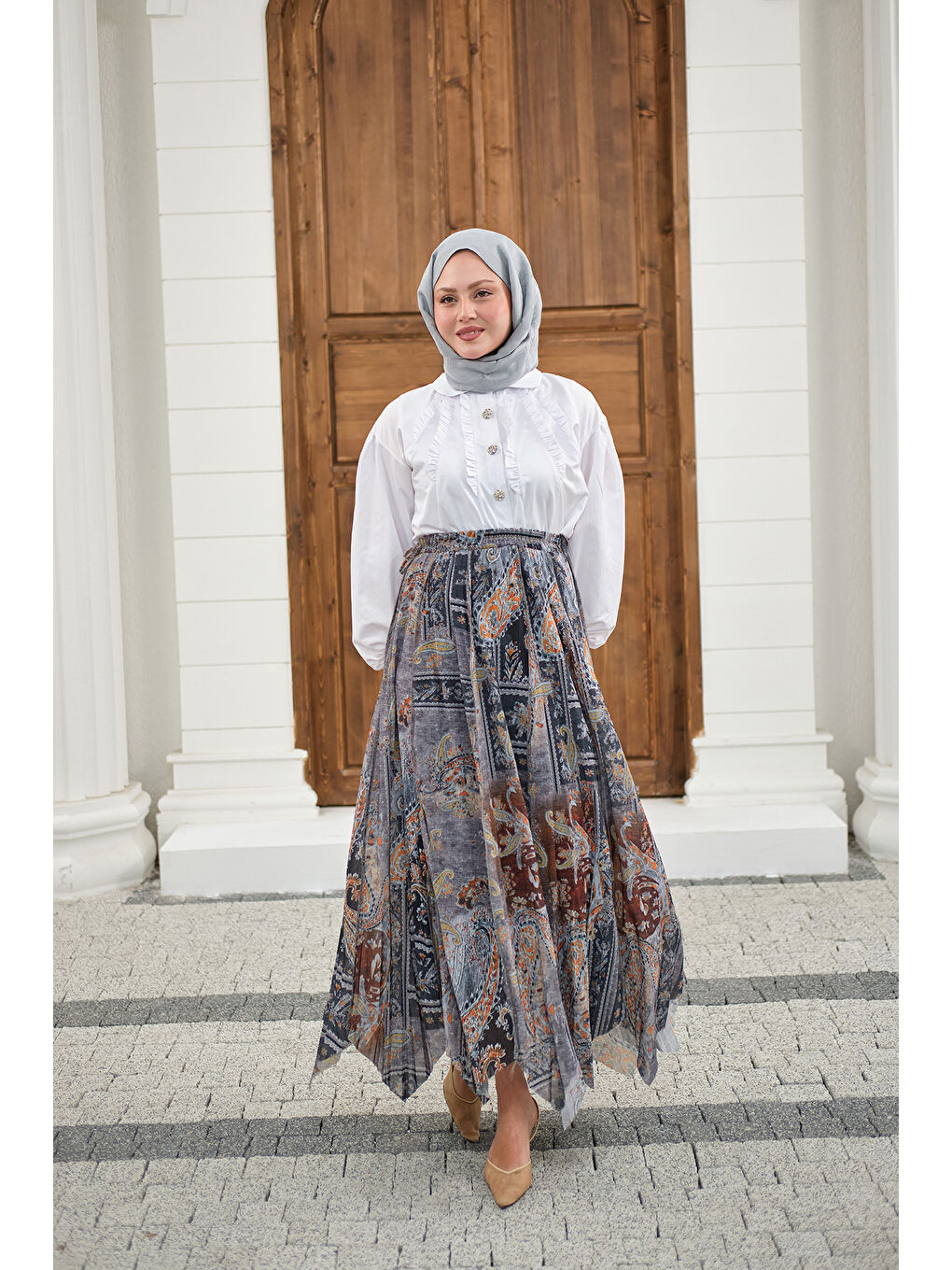 Kadın Etnik Desen Asimetrik Kesim Şifon Etek Antrasit-1