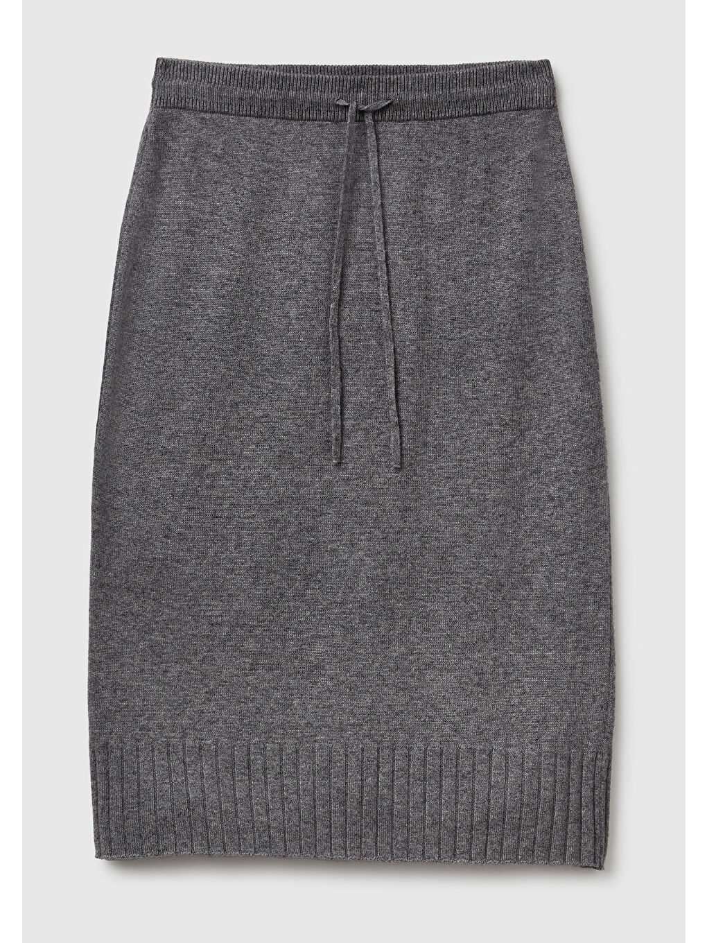 Gri Kadın Antrasit Melanj Pamuk ve Yün Karışımlı Ribana Detaylı Bağcıklı Örme Etek-1