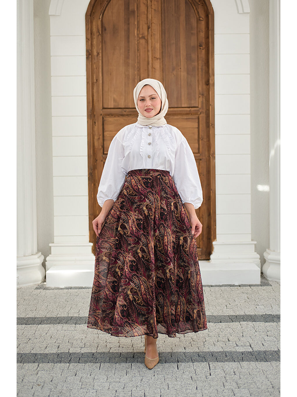 Kadın Etnik Desen Şifon Etek Mürdüm-4