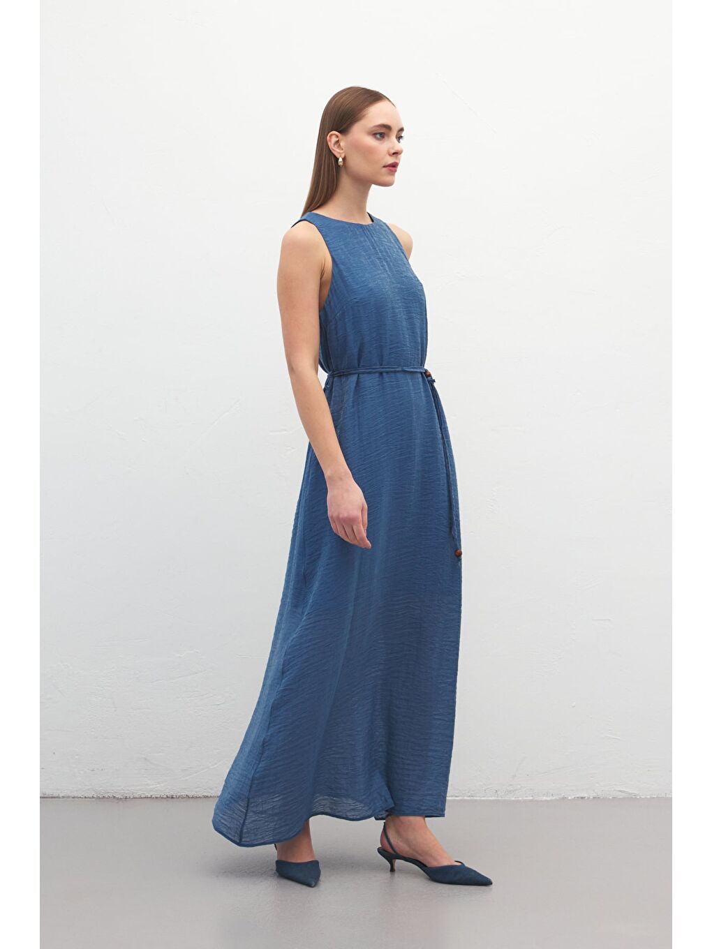 Kemer Detaylı Uzun Elbise - İndigo-1